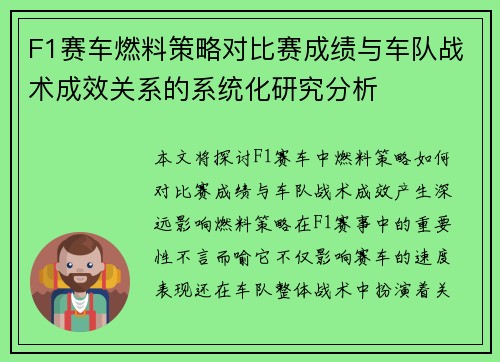 F1赛车燃料策略对比赛成绩与车队战术成效关系的系统化研究分析 F1赛车燃料策略对比赛成绩与车队战术成效关系的系统化研究分析