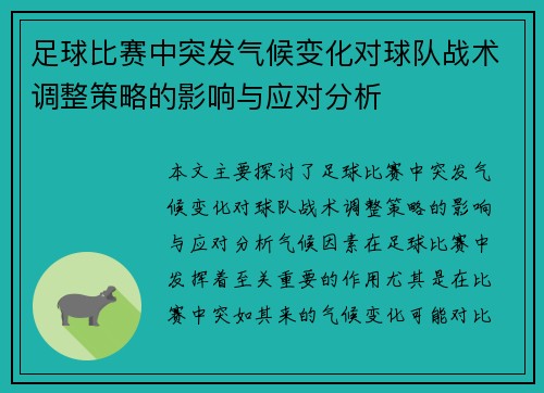 足球比赛中突发气候变化对球队战术调整策略的影响与应对分析